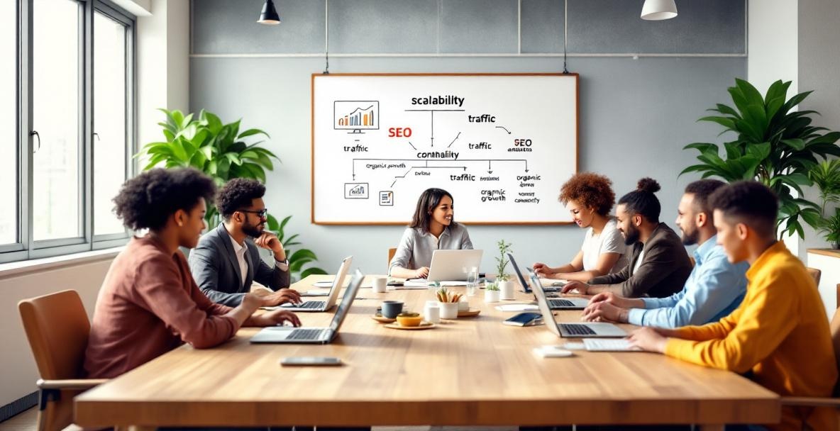 Diverse team of content creators collaborating in a modern office with screens displaying analytics.
