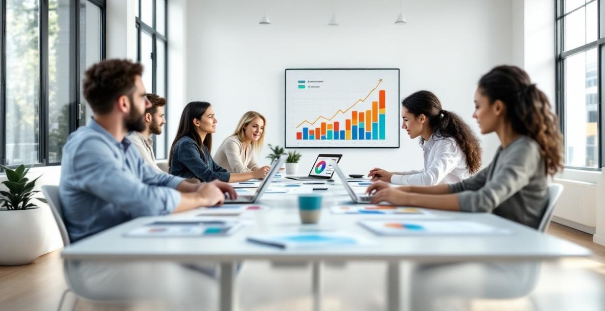 Diverse professionals in a modern office focus on digital charts for growth insights.