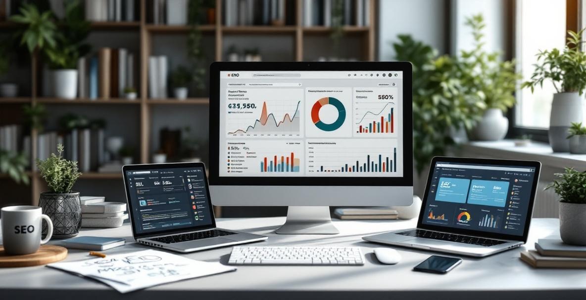 Modern workspace with a desk displaying SEO tools and analytics for 2025.