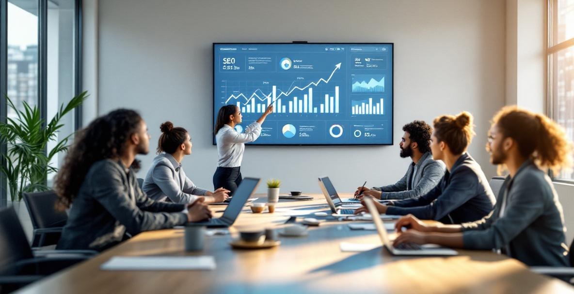 Diverse professionals in a modern office collaborate on SEO, with data on laptops and a digital dashboard.