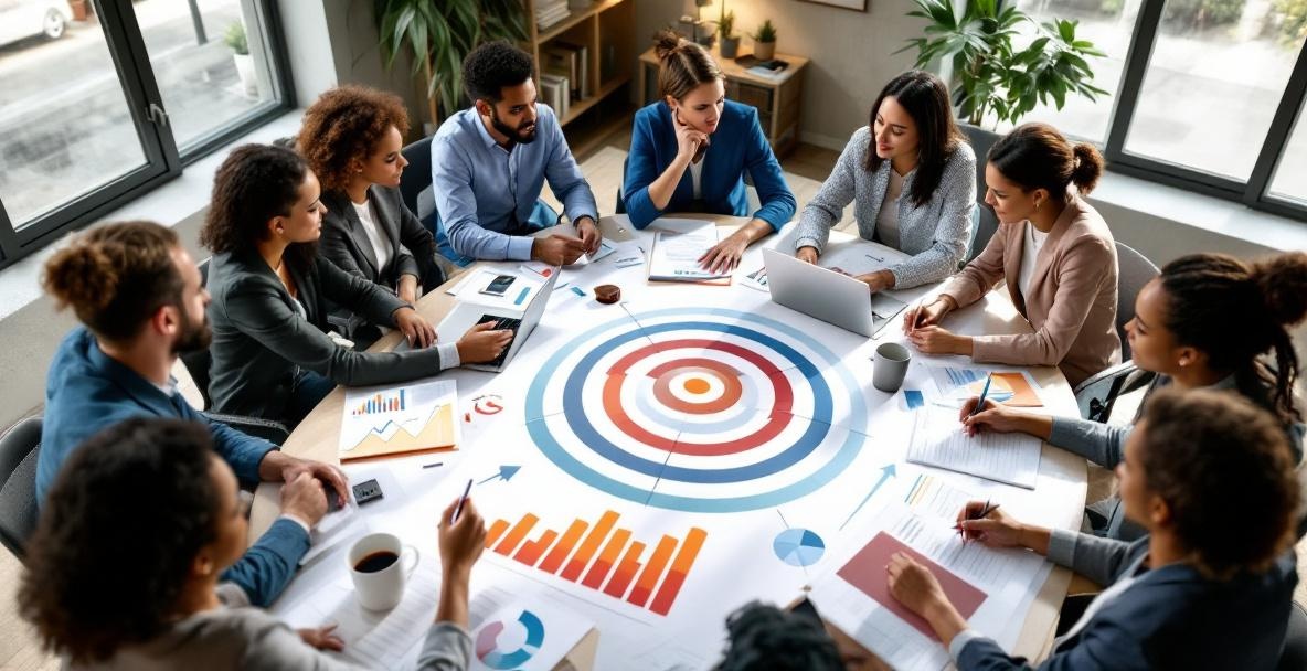 Diverse professionals discussing around a table with charts and a target symbol in a modern office.