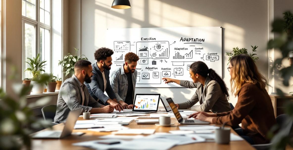 Diverse team collaborating in modern office with keywords on whiteboard.