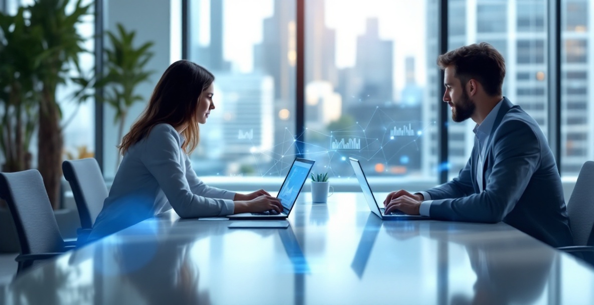 Two professionals discuss data at a sleek table with laptops, showcasing graphs in a bright, modern office.