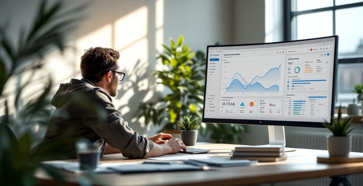 Modern office with content creator using dual monitors showing traffic graph and automation tools.