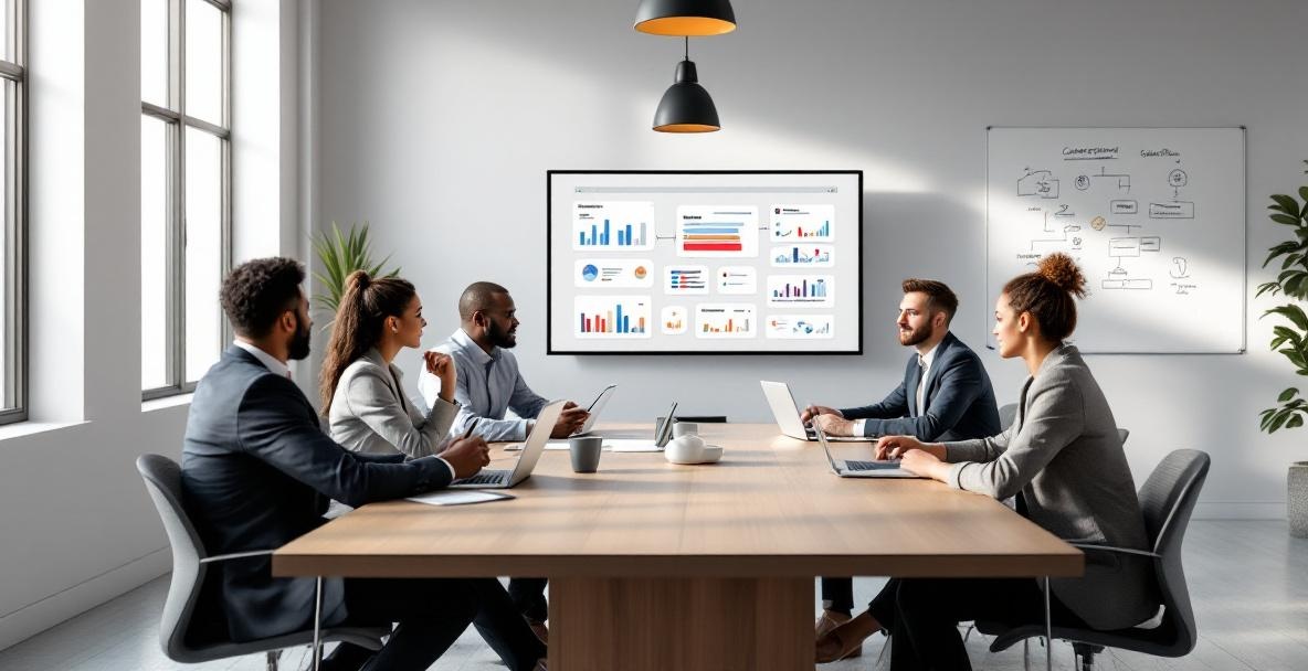 Diverse professionals in a meeting about marketing automation with charts on a digital screen.