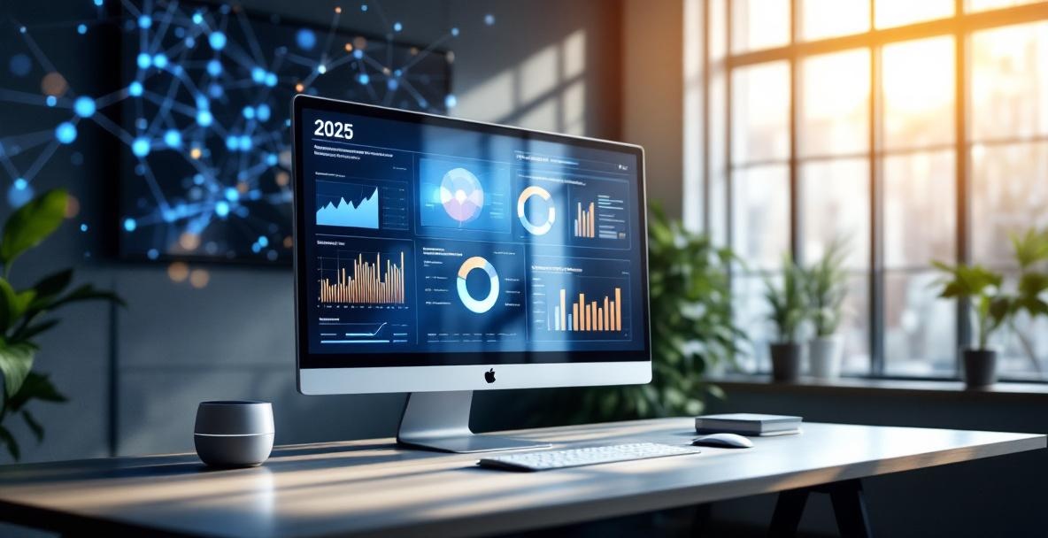 Office with an AI-driven content marketing dashboard and digital assistant in 2025.