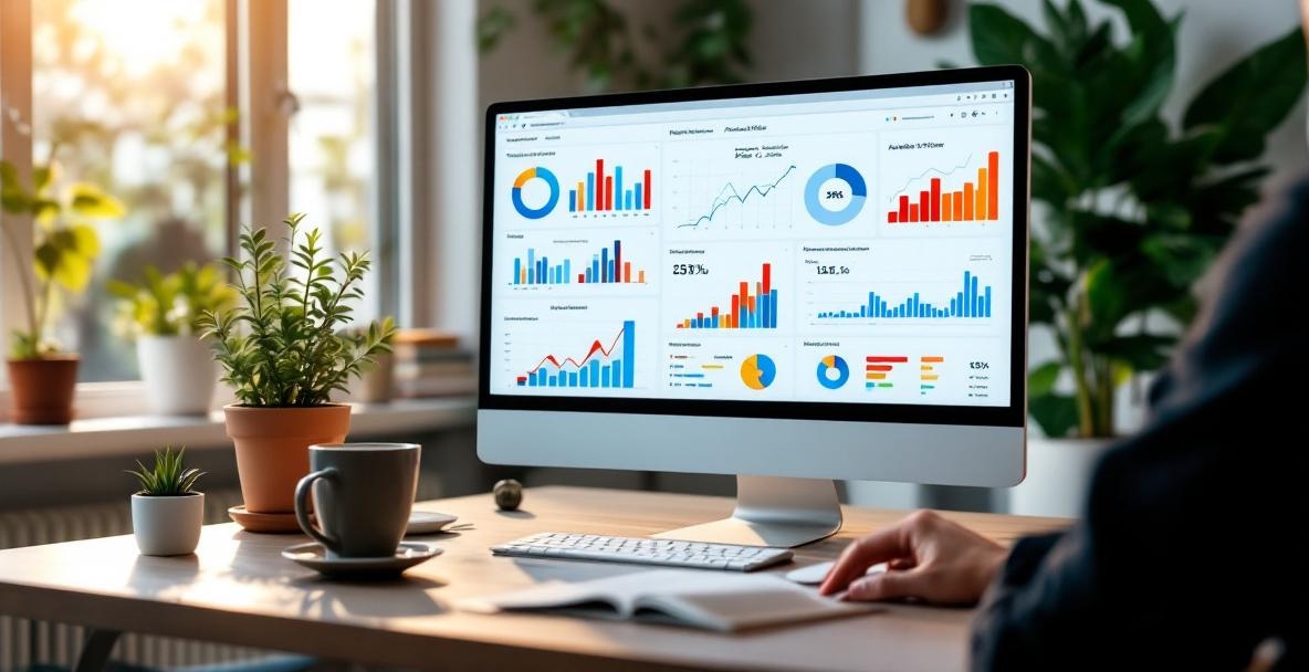 Modern office setup with computer displaying analytics dashboard, vibrant charts, and hands on a keyboard.
