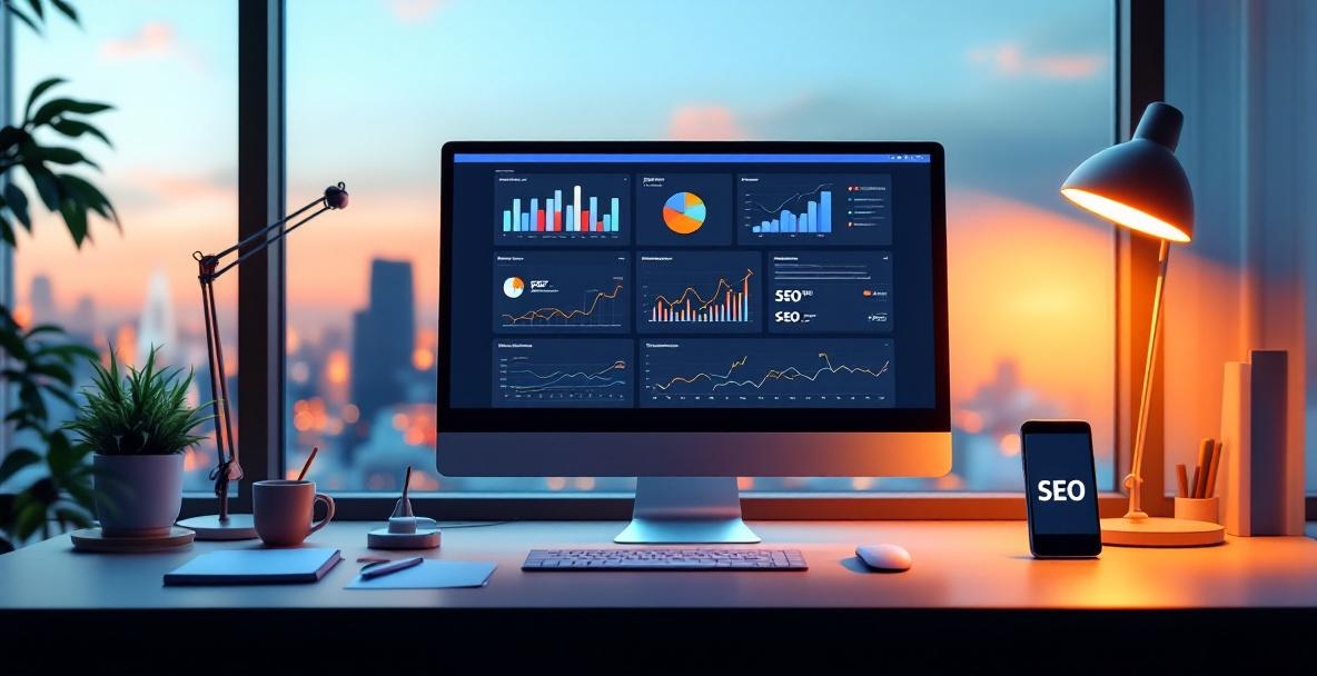Office desk with a computer displaying SEO dashboard, notebook, smartphone, and cityscape in the background.