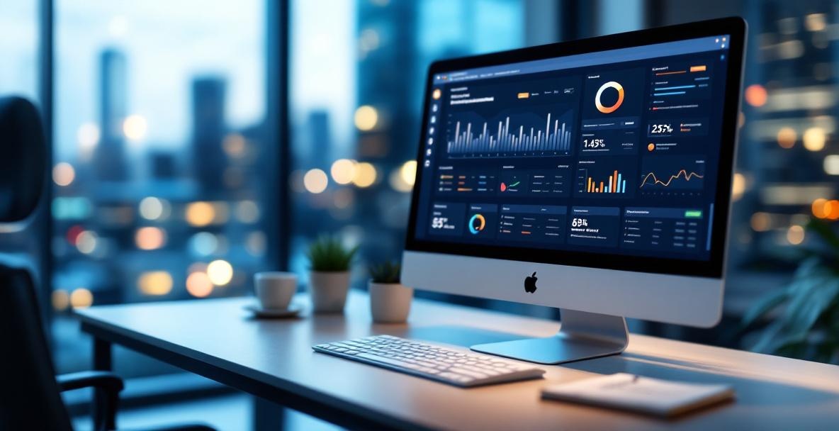 Modern workspace with a computer displaying a keyword analysis tool, emphasizing data-driven SEO strategies.