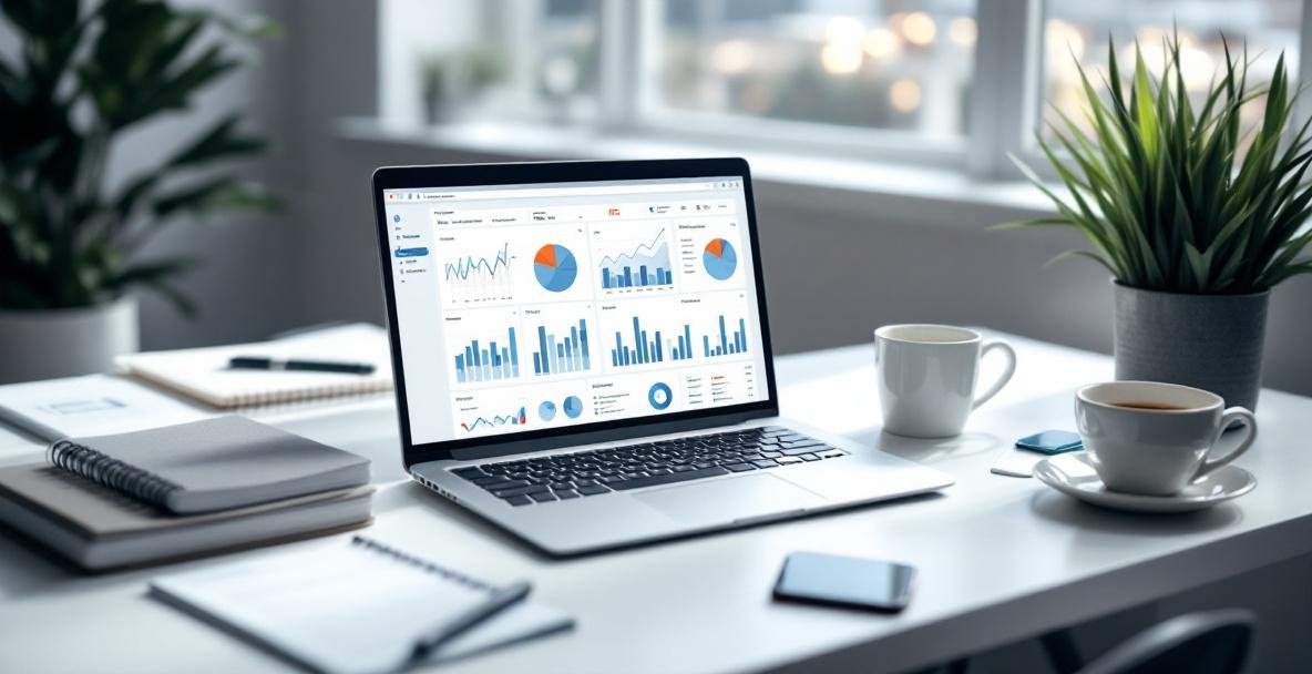 Modern office with a laptop showing keyword analysis dashboard, surrounded by notepads, coffee, and smartphone.