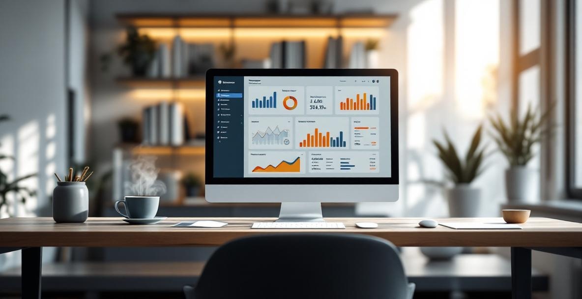 Modern workspace with computer showing a keyword analysis dashboard and business books on shelves.