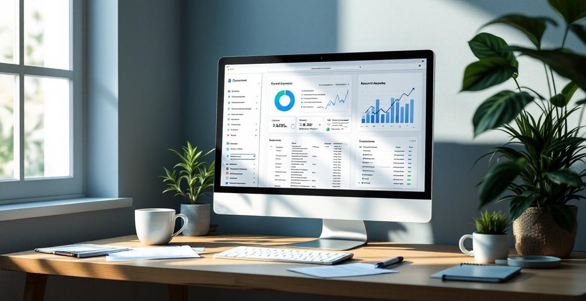 Workspace with AI keyword tool on screen, papers, coffee cup, plant, and notepad.