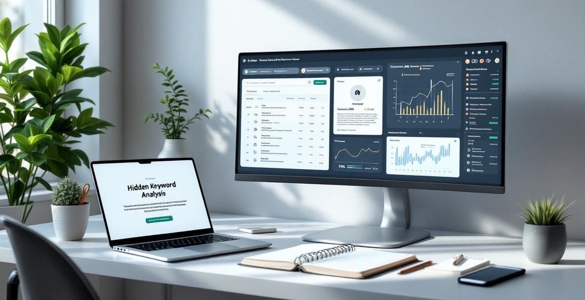 Modern workspace with a monitor showing AI tool analyzing search data and a laptop on keyword analysis.