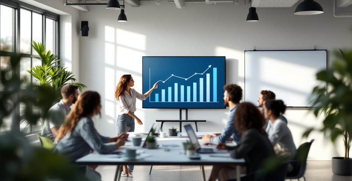 Business professionals discuss strategies at a modern office, with a screen showing an upward-trending graph.