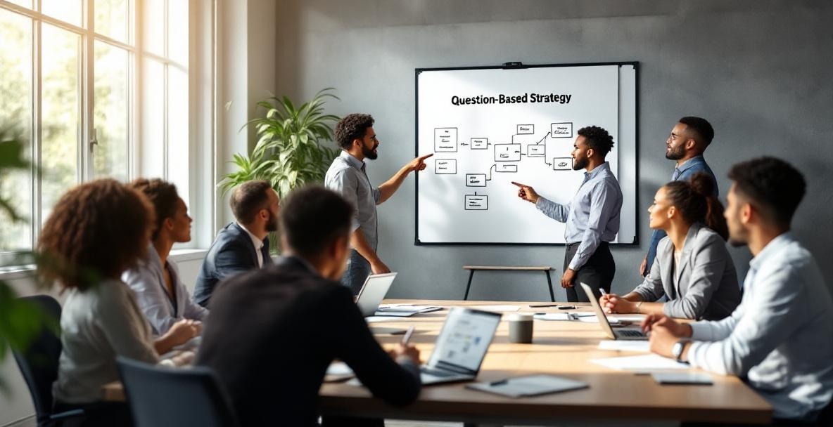 Diverse team collaborates around a table with a whiteboard titled 'Question-Based Strategy'.