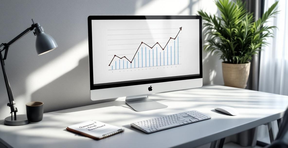 Office desk with a screen showing a graph of upward trends, notepad with questions, and a plant in the background.