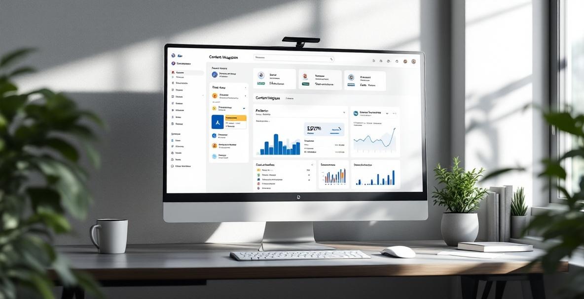Modern workspace with a large monitor showing a WordPress dashboard for content integration.