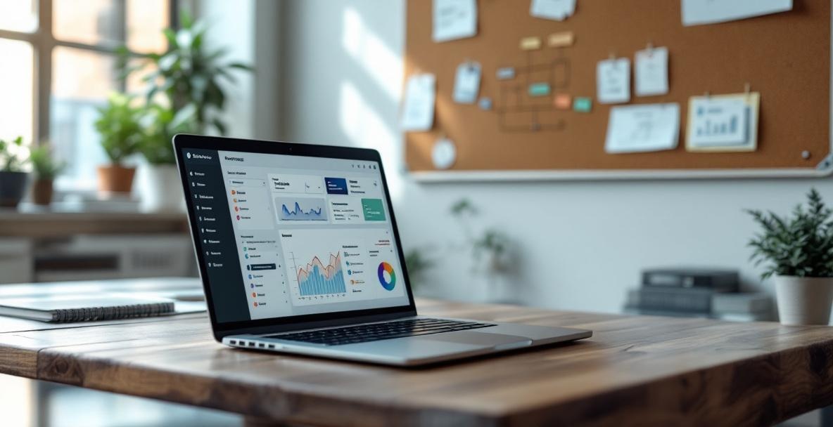 Modern office with laptop showing WordPress dashboard, corkboard with notes in background.