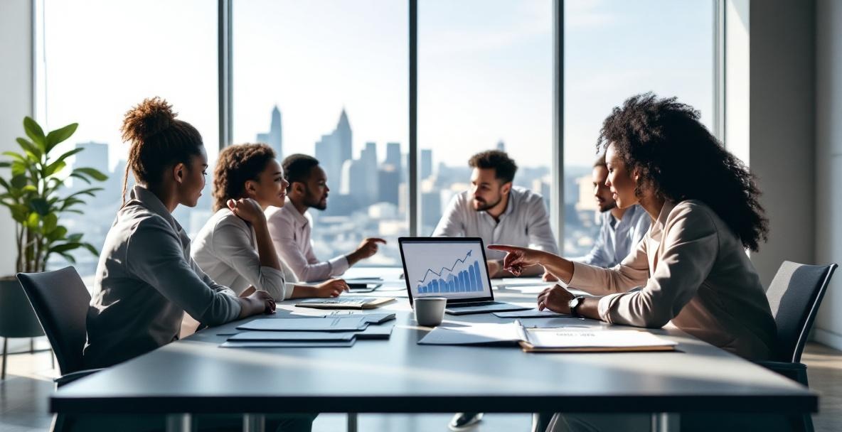 Diverse professionals discuss strategy around a table with a city view and a graph on a laptop.