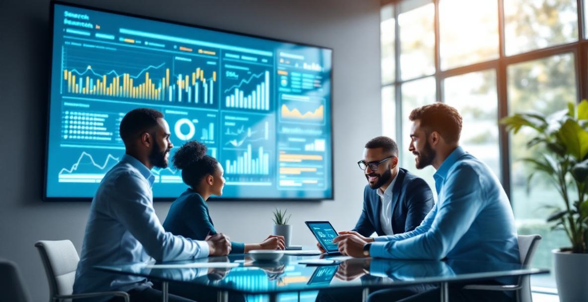 Modern office with professionals discussing search trends on a tablet, digital screen showing analytics.