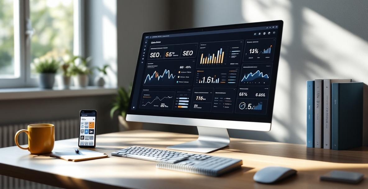 Modern workspace with computer showing SEO analytics and AI content creation tools.