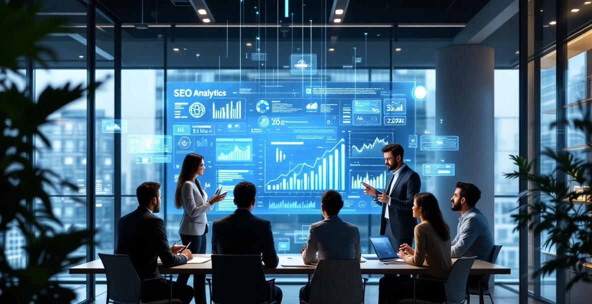 Diverse team in a high-tech office analyzing AI-generated SEO data on a large interactive screen.