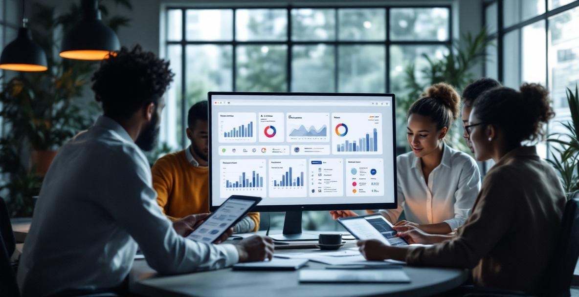 Modern office with diverse team discussing AI-driven analytics on a computer screen.
