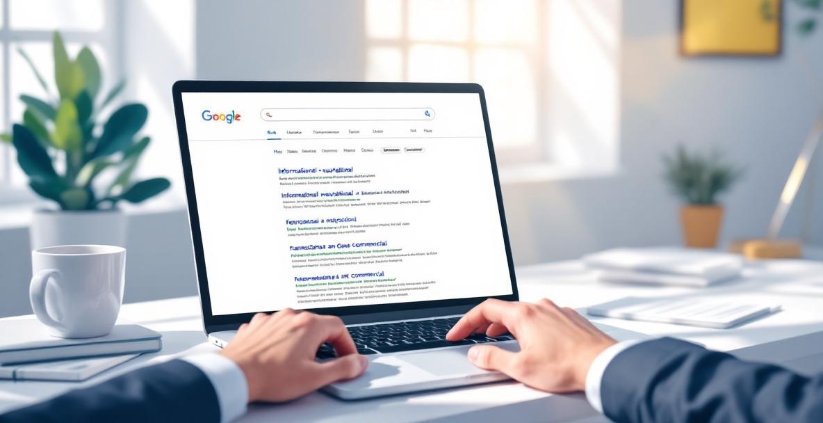 Workspace with a laptop showing search intent keywords and a professional's hands on the keyboard.