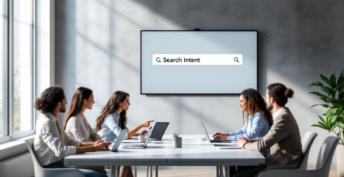 Diverse team in a business setting discussing digital marketing with analytics on devices and a digital search intent display.