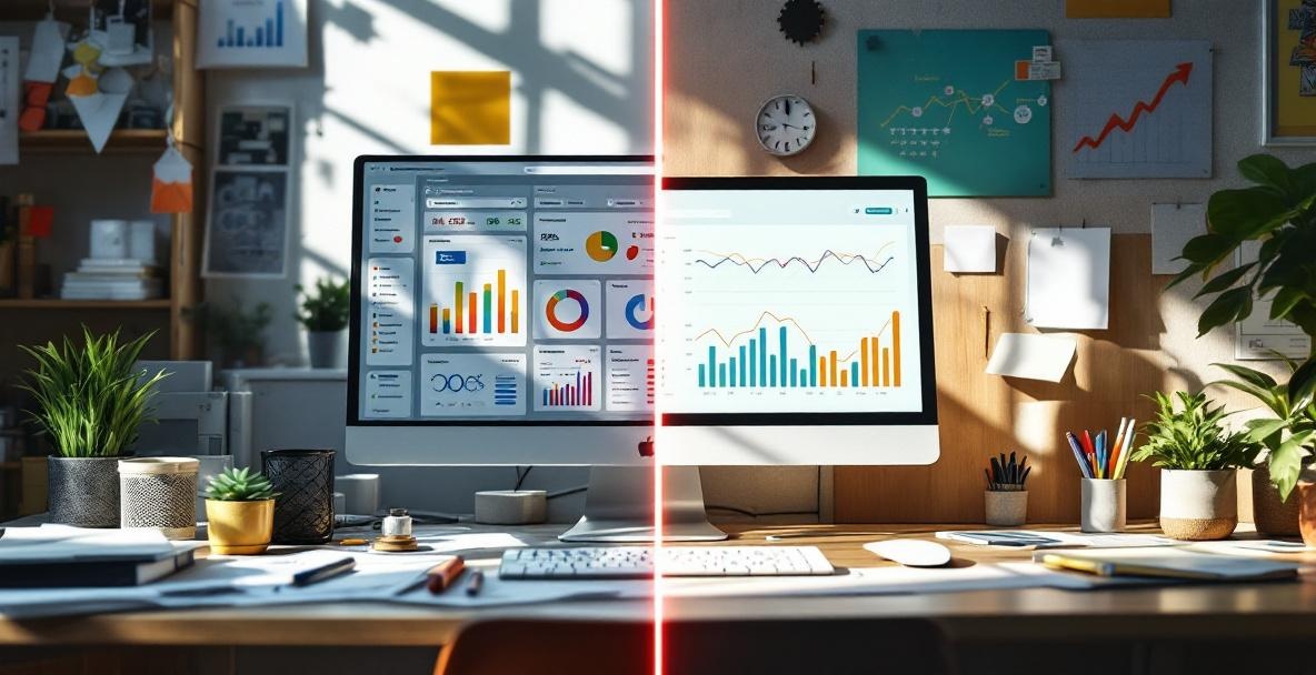 Split screen image contrasting a cluttered desk with confusion and an organized desk with clarity.