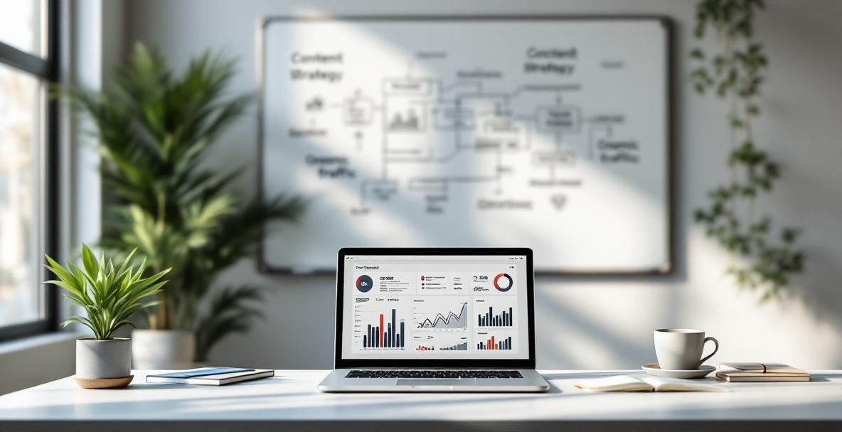 Modern desk with laptop showing SEO graphs, whiteboard with content strategy flowcharts in background.