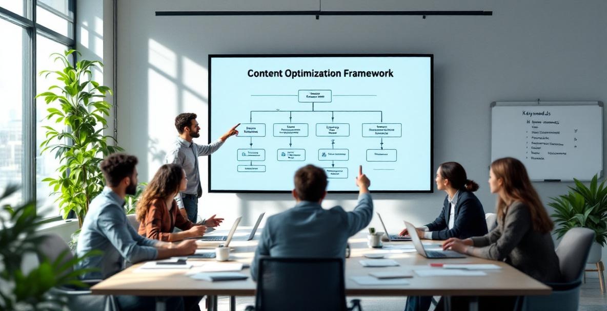 A diverse team collaborates in an office with a flowchart titled 'Content Optimization Framework' on a large screen.