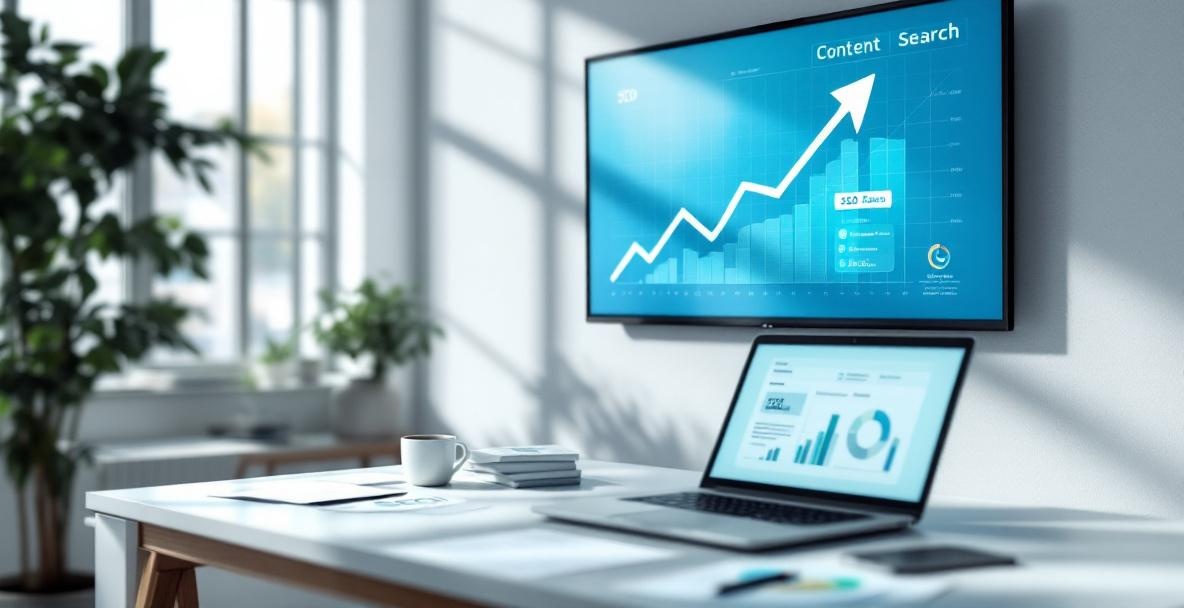 Modern office with a graph on screen showing upward trend in SEO, laptop, and scattered SEO papers.
