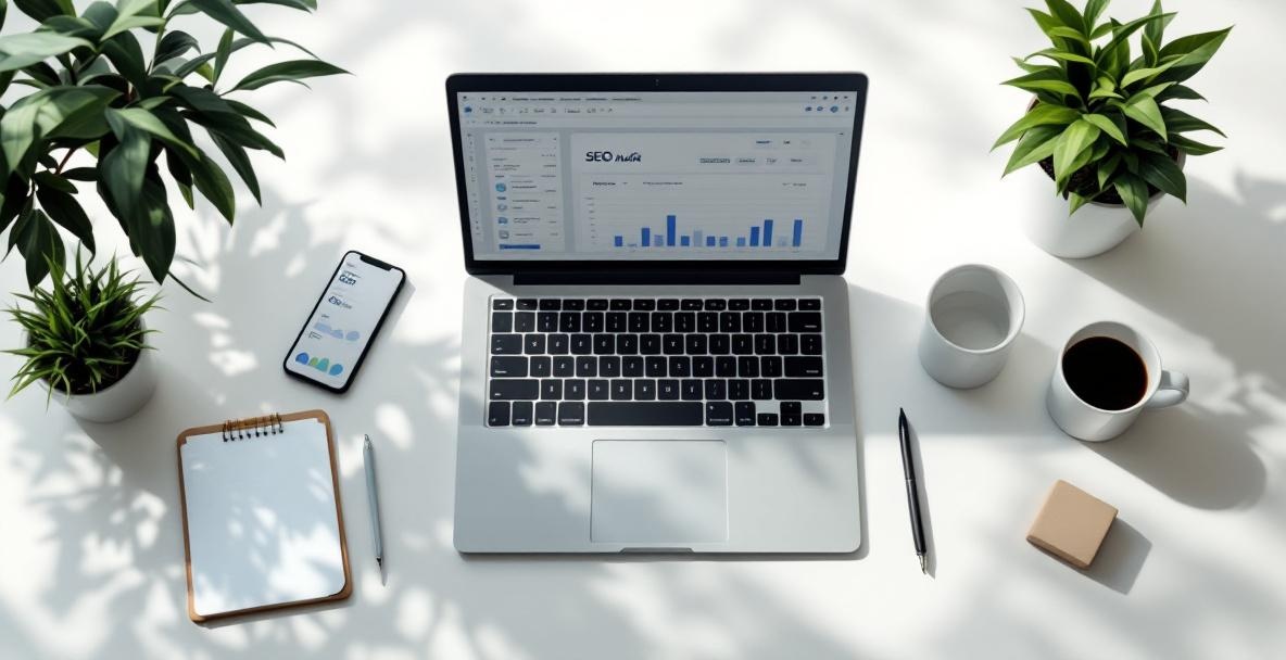 Minimalist desk setup for an SEO audit with a laptop, notepad, smartphone, coffee cup, and potted plant.