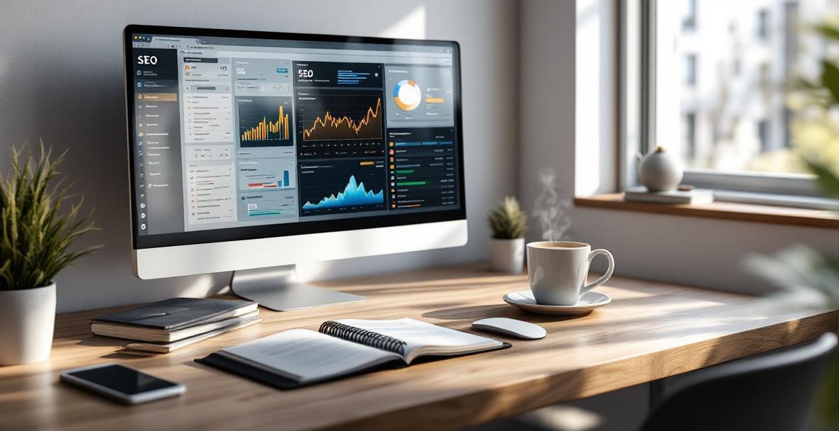 Modern workspace with a computer displaying an SEO analytics dashboard and content creation tools.