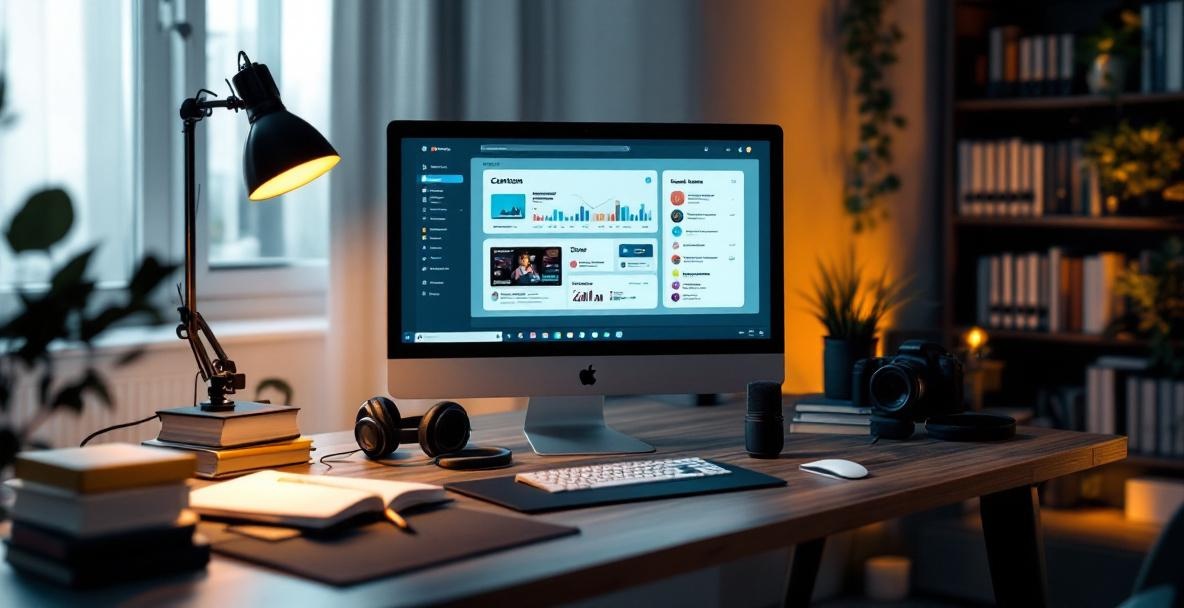 Modern workspace with a computer, camera, microphone, and marketing books for content creation.