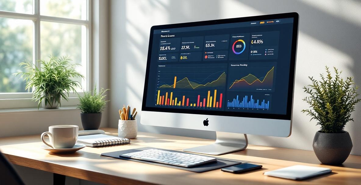 Modern desk with digital analytics dashboard showing content marketing success metrics.