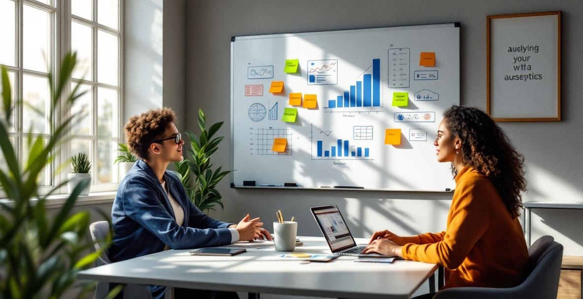 Two people collaborate at a modern office, analyzing data on a whiteboard and laptop.