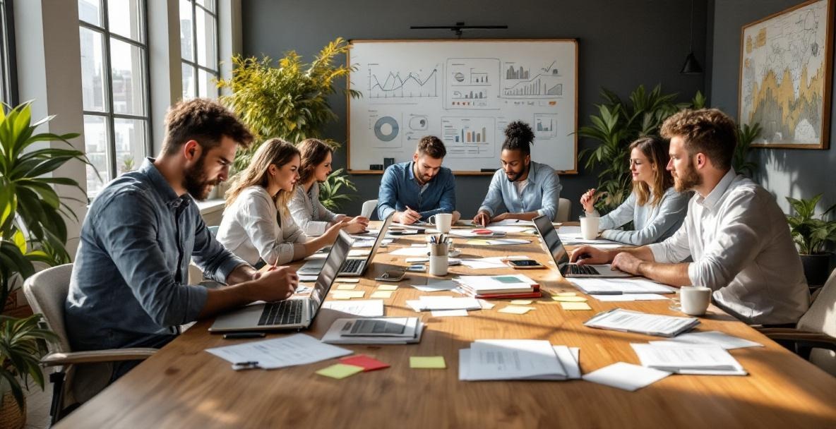 Professionals collaborate in a modern office, analyzing data charts and analytics for continuous improvement.