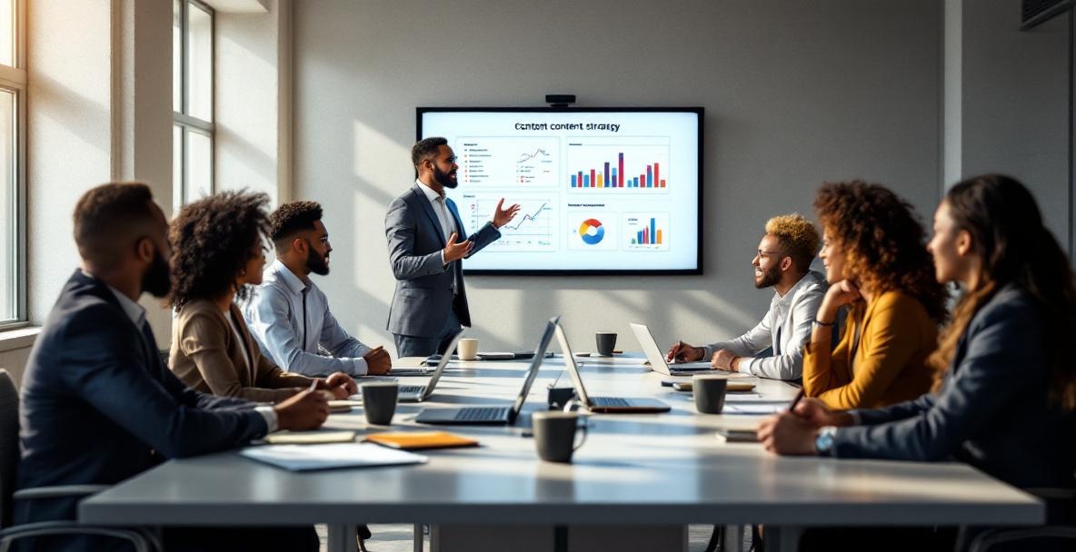 Diverse group of business professionals collaborating at a modern conference table with a digital whiteboard.