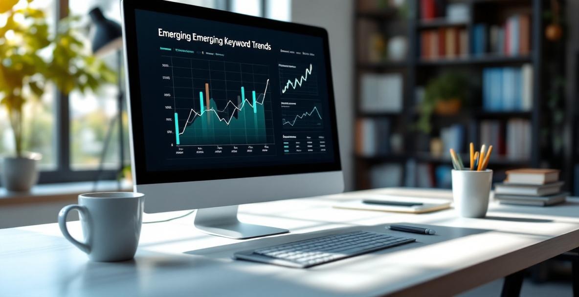 Modern office workspace with a computer showing an analytical graph and a notepad with keywords.
