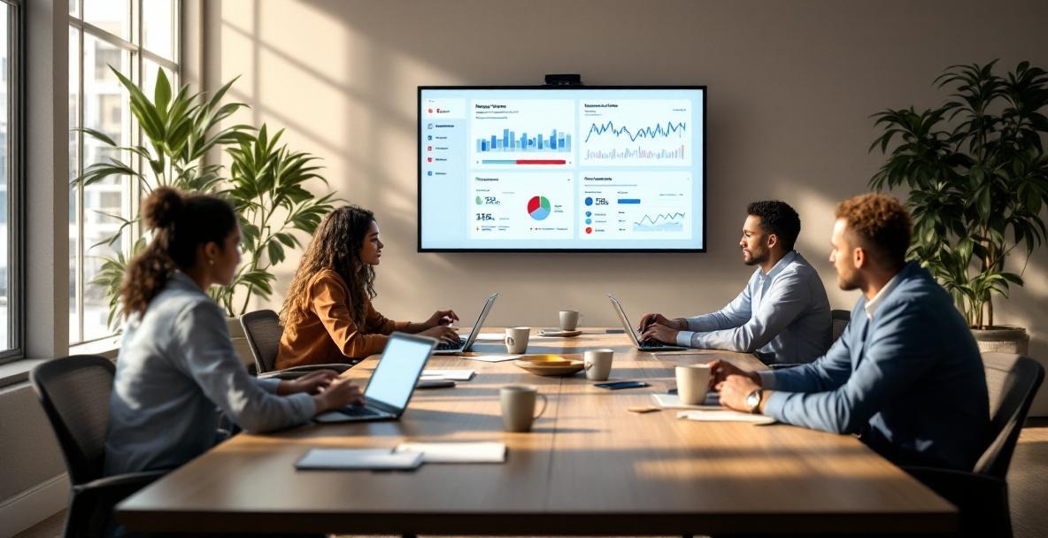 Diverse professionals analyze data in a modern office with screens showing keyword trends.
