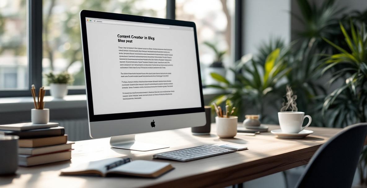 Modern workspace with content creator drafting a blog post in a well-lit office.