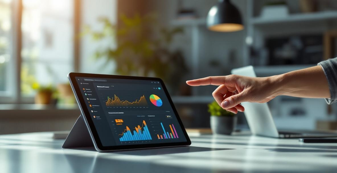Modern workspace with tablet showing interactive business dashboard, symbolizing digital engagement.