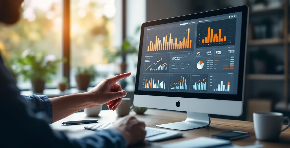 Modern office with analytics on a screen, a hand pointing, with a coffee cup and notepad nearby.