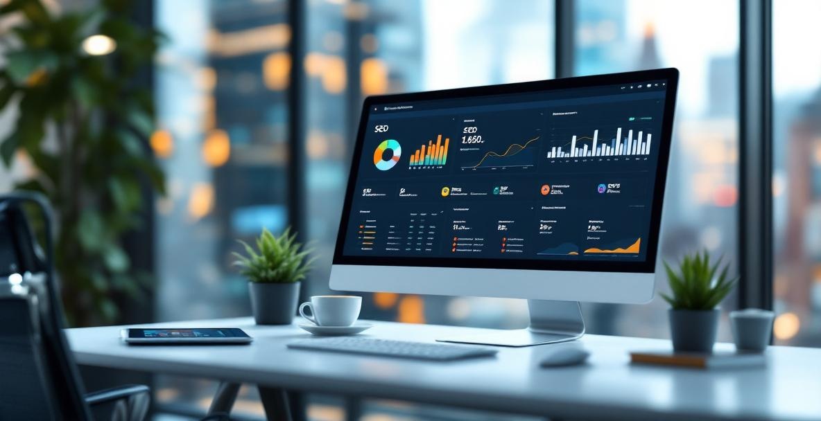 Modern office workspace with SEO analytics on a computer and tablet, cityscape in background.
