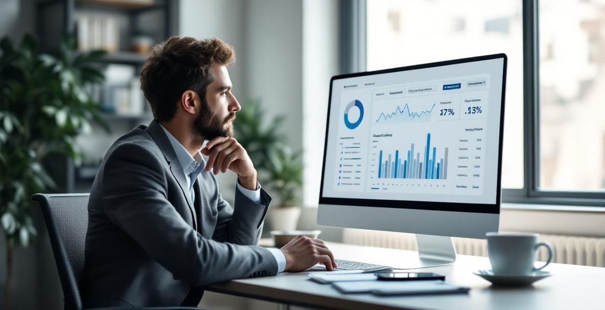 Person analyzing keyword performance on a computer screen with graphs and charts.