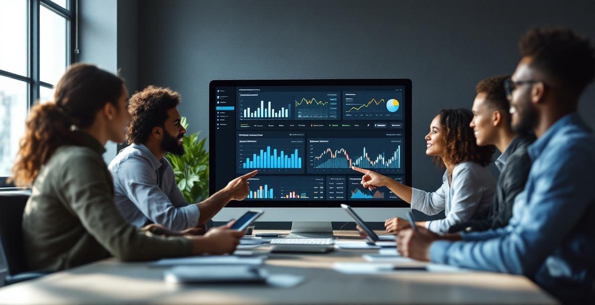 Digital marketing team discusses keyword analytics displayed on a computer screen in a modern office.