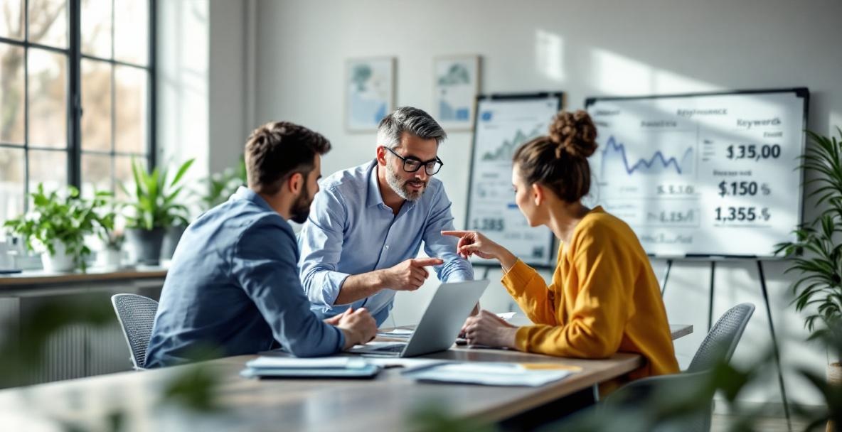 Three professionals work in a modern office, analyzing performance metrics on laptops.