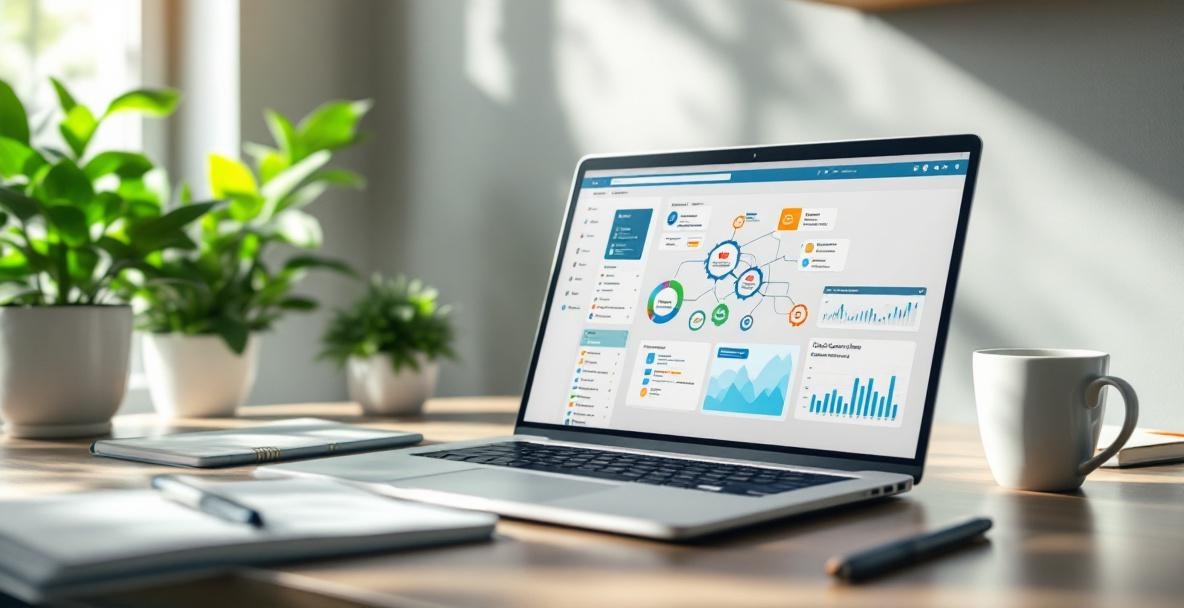 Office desktop showing a laptop with SEO topic cluster model and workplace essentials.